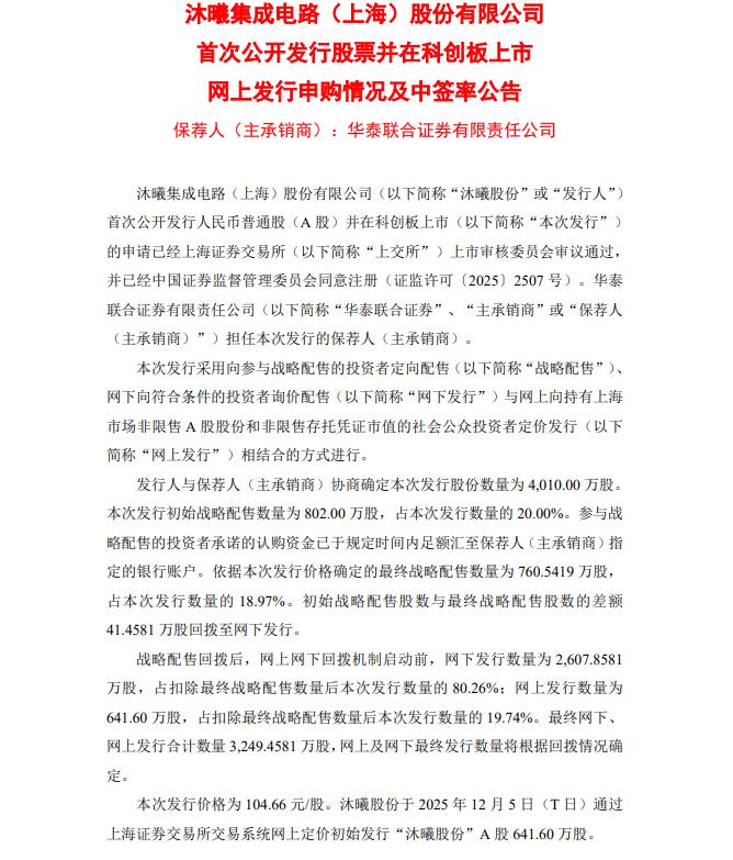 沐曦股份：网上发行最终中签率为0.03348913%