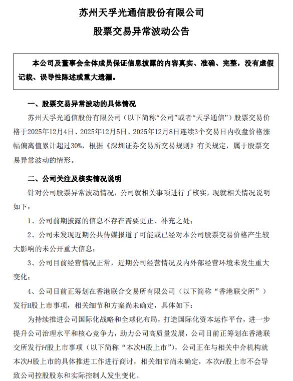 天孚通信：筹划香港联交所发行H股上市