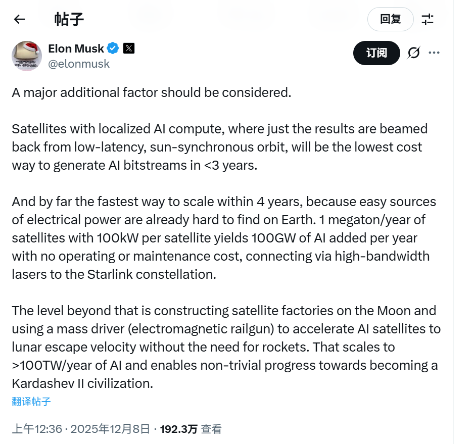 马斯克“太空AI”设想：每年发射1百万吨AI卫星、建设月球卫星工厂